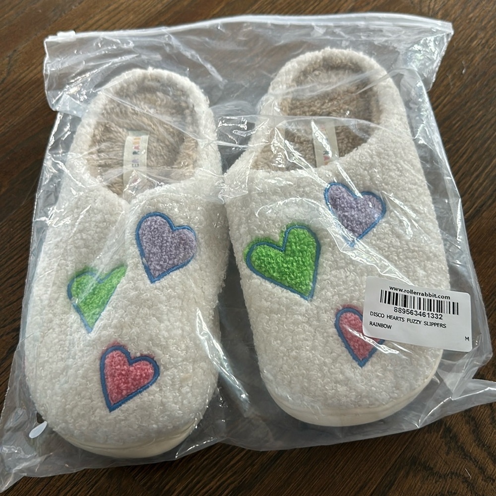 COPY - Roller Rabbit disco hearts fuzzy slippers. Rainbow. Size medium. NWT